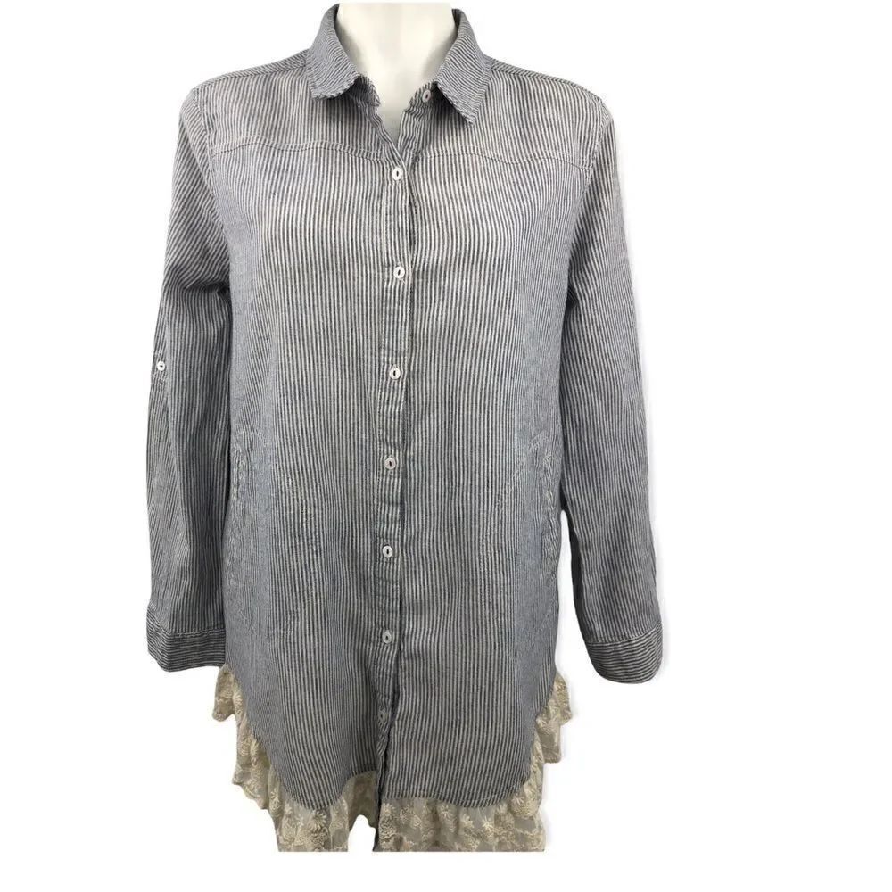 Umgee blue white striped hi lo lace tunic